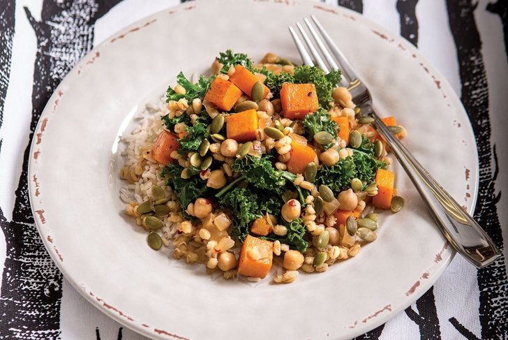 Roasted Butternut Squash with Barley, Kale, and Chickpeas