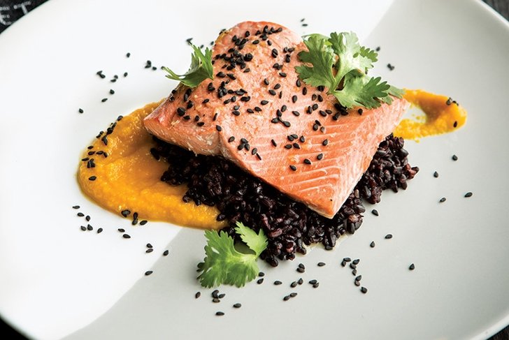 Salmon with Black Rice and Carrot-Miso Sauce
